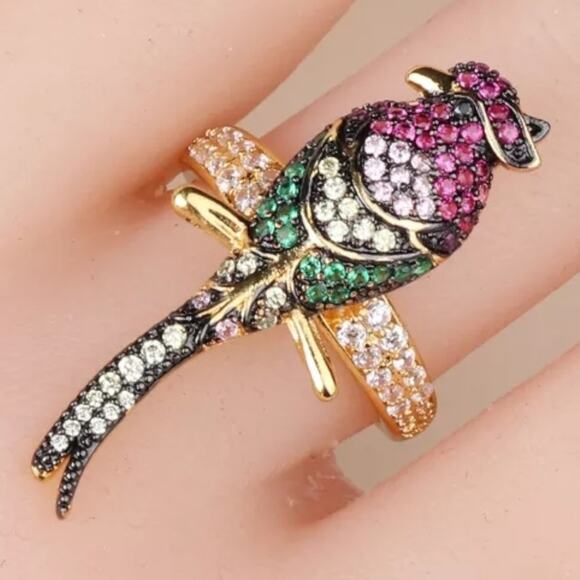 Gold Multi-Color Round Cubic Zirconia Micro-Pavé Set Perched Parrot Ring - Picture 4 of 6